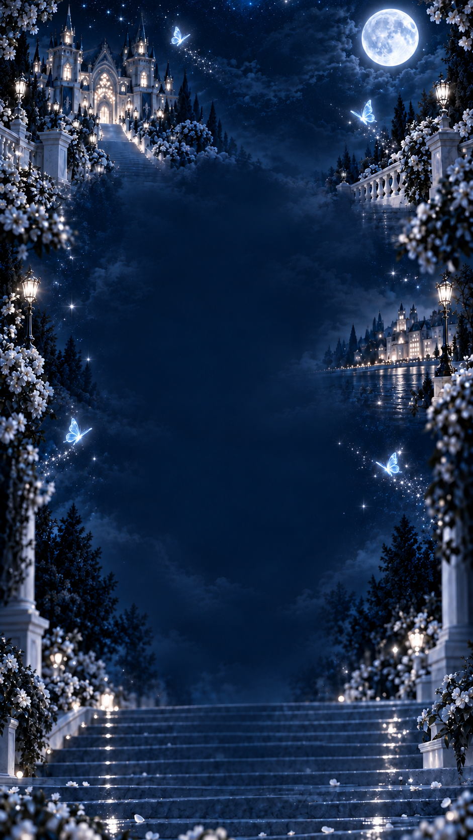 Castillo iluminado bajo la luna en una noche azul